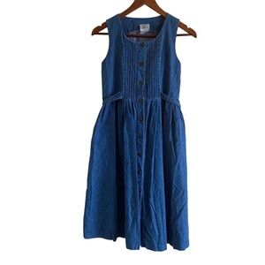 Laura Ashley Denim Dress Girls 10 Sleeveless Button Front Midi Pintuck Bodice